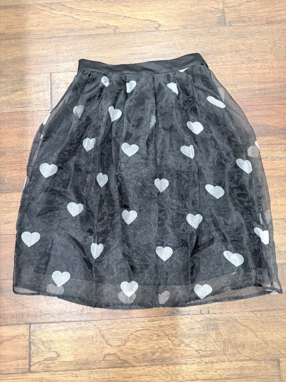HER Destiny XL Black Sheer Heart Organza Midi Skirt Silver Hearts